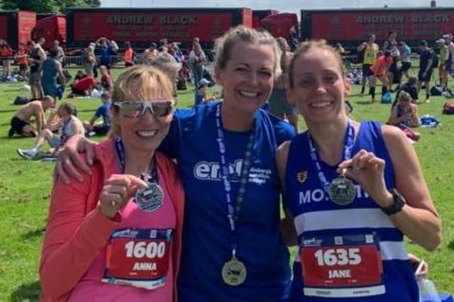 Anna Wright, Julie Vermaas and Jane Kirby are all smiles after completing the Edinburgh Marathon. Picture: Morpeth Harriers.