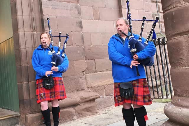 Pipers from Berwick and Eyemouth Band, one of whom is a teacher at Berwick Middle School, greeted the attendees. Picture by Margaret Shaw.