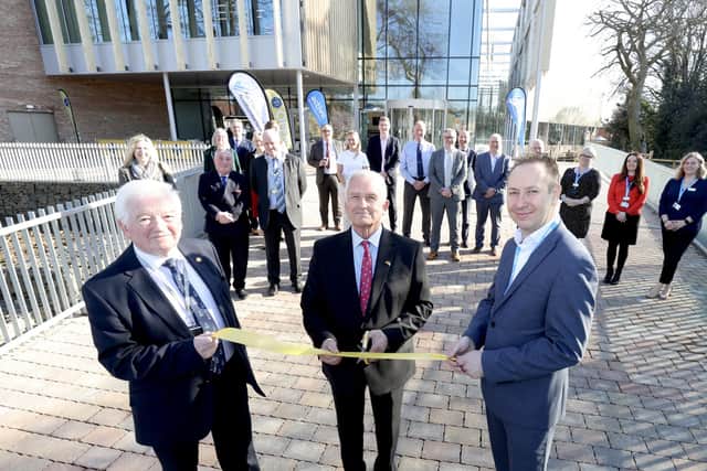 Northumberland County Councillor Jeff Watson Cabinet member for Healthy lives , Glen Sanderson Leader of NCC cutting the ribbon to open the Morpeth centre and Mark Warnes, Chief Executive of Active Northumberland. Photo: Northumberland County Council/Helen Smith.