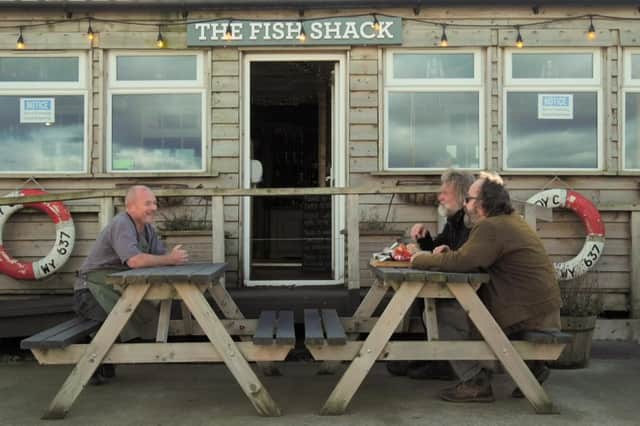 The Hairy Bikers with Martin Charlton, owner of The Fish Shack in Amble. Picture: BBC