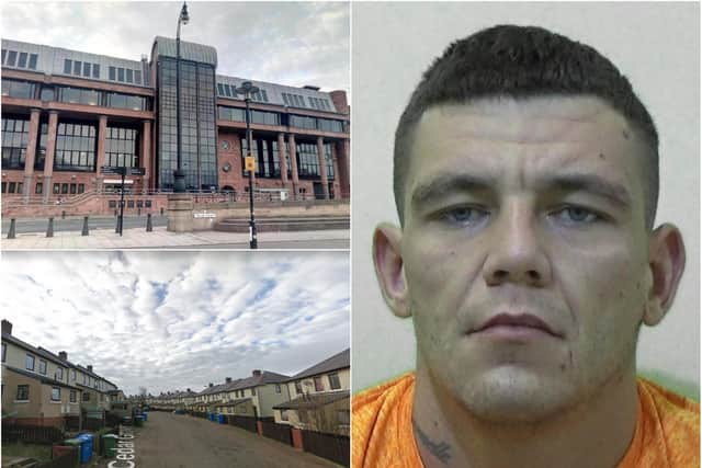 Bradley Fenwick was sentenced at Newcastle Crown Court (top left) to 10-and-a-half years for the attack in Cedar Grove, Alnwick (bottom left).