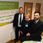 Greg Brown and Stewart Nicol of Newcastle Building Society with Jane Stratton of HospiceCare North Northumberland.