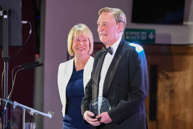 John and Irene Hays, of Hays Travel, as the company won Overall Business of the Year winners at the Sunderland Echo Portfolio Business Awards 2019 at the Stadium of Light.