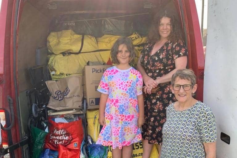 Alice Good (middle) with her daughter, Molly Oliphant and Dot Charlton with some aid for Ukraine.