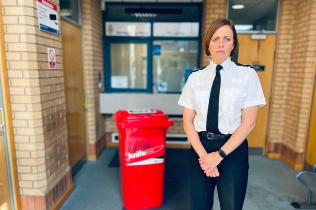Chief Superintendent Helena Barron with one of the surrender bins. Seven have been put in place for the week across the Northumbria Police force area, including at Bedlington Police Station.
