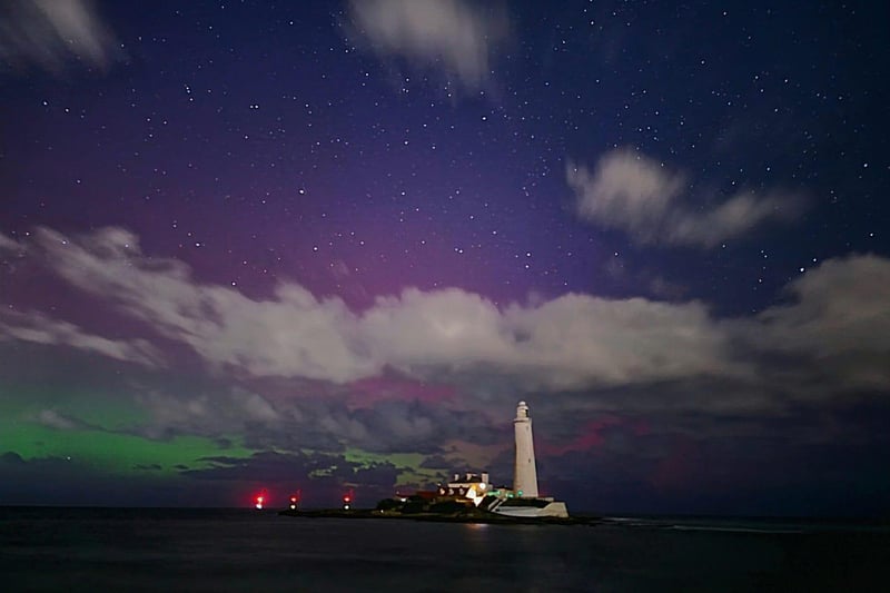 The northern lights seen over St Mary's lighthouse.