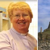 Rev Kim Hurst and Lindisfarne Castle.