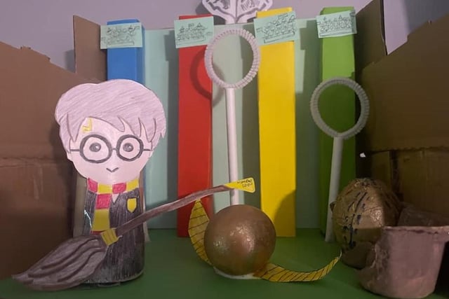 Emma, age 11, made this Harry Potter-inspired egg scene. Can you spot the golden snitch?