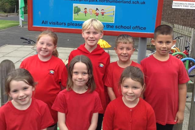 A group of pupils from Tweedmouth Prior Park First School celebrate the 'Good' Ofsted rating.