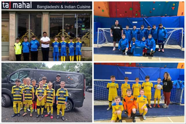Top row (L-R) The Taj Mahal donated the tracksuits and strips and Kelly Construction donated winter coats. Bottom row (L-R) Nathan Brown Plastering and St Martins Hairdressers donated strips.