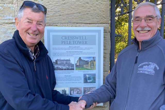 Texan Charles Cresswell is greeted by Barry Mead at the Cresswell Pele Tower.