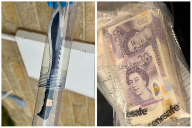 Cash and a zombie knife were seized during the operation. (Photo by NEROCU)