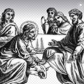 An illustration from Pixabay of Jesus washing the feet of others.