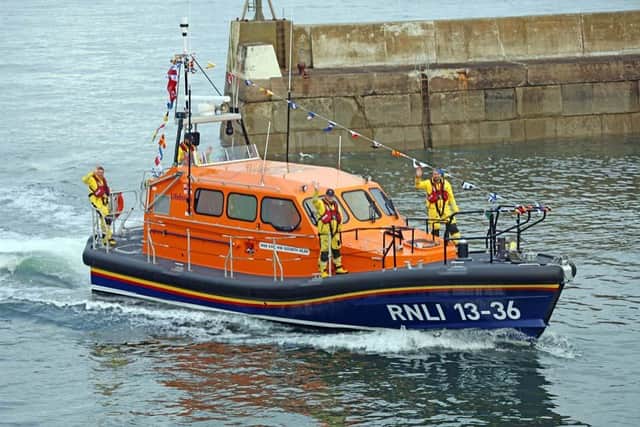 The new £2.2m Shannon-class lifeboat in Seahouses harbour.