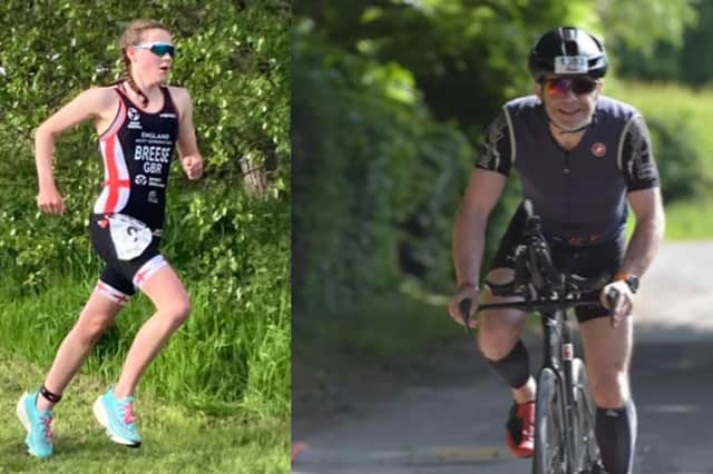 Millie Breese winning the Sprint Triathlon at Druridge Country Park and Geoff Givens on the 90km bike leg of the Outlaw half.