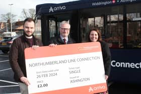 From left, Cllr Wojciech Ploszaj, Andrew Hedley from Arriva, and Cllr Caroline Ball with the new branded bus. (Photo by Northumberland County Council)