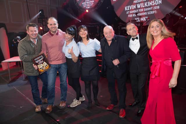 Winning writer Kevin Wilkinson being presented with his award for his winning sketch ‘Clink’ on-stage at the 2016 Sunday for Sammy show. (John Millard Photography)