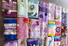 Some of the twiddle-muffs created by the knit 'n' natter groups.