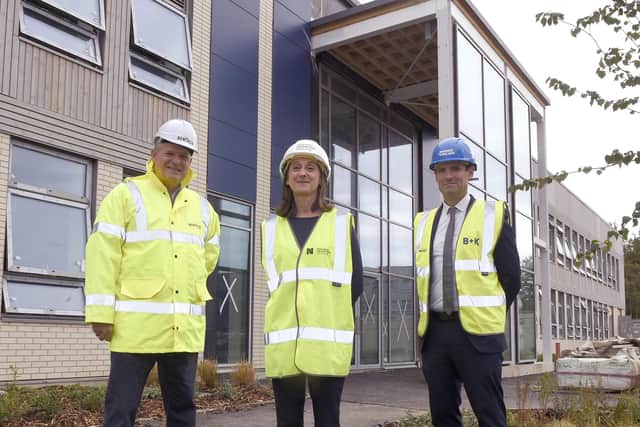 John Johnston (CEO Bernicia), Judith Quinn (Ashington Campus Principal), and Russ Aktinson (Principal Duke's Secondary School) outside the Hope Building at Northumberland College's new Ashington Campus on Wansbeck Business Park.