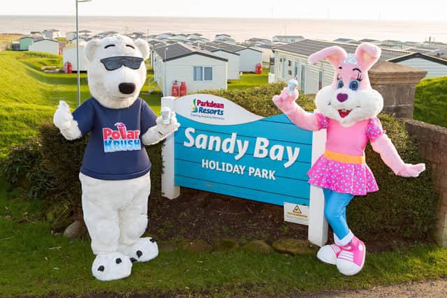 Parkdean Resorts' Sparkle the rabbit and Polar Krush’s Hudson the polar bear celebrate at Sandy Bay Holiday Park. (Photo by Martin Avery / Parkdean)