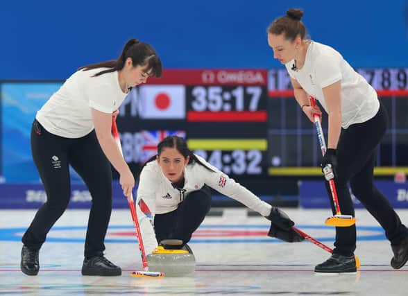 BEIJING, CHINA - FEBRUARY 20: (L-R) Hailey Duff, Eve Muirhead and Jennifer Dodds of Team Great Britain compete during the Women's Gold Medal match between Team Japan and Team Great Britain at National Aquatics Centre on February 20, 2022 in Beijing, China. (Photo by Lintao Zhang/Getty Images)
