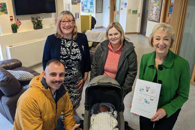 Dame Andrea Leadsom MP meets Alyx and Robbie Maving, who were registering the birth of one of the county’s youngest residents, 10-day-old Elsie, at the Blyth Central Family Hub.