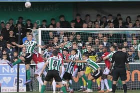 Goalmouth action from Spartans v Wrexham on Saturday. Picture by Bill Broadley.