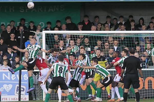 Goalmouth action from Spartans v Wrexham on Saturday. Picture by Bill Broadley.