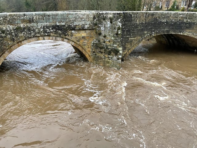 The Coquet, well up and racing under Felton old bridge.