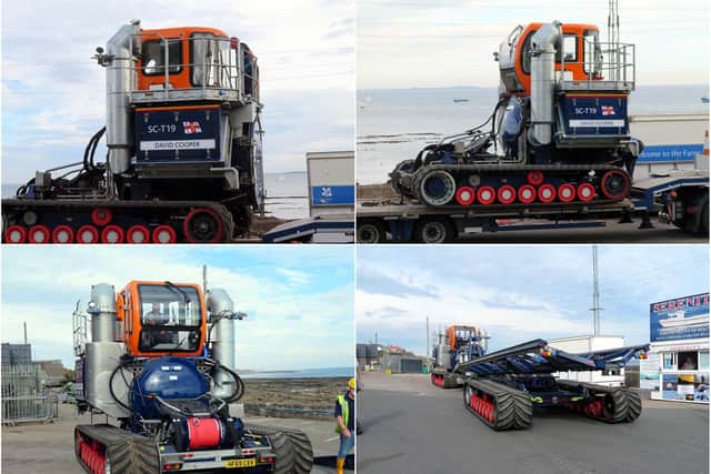 Tractor and launching rig for new lifeboat arrives.