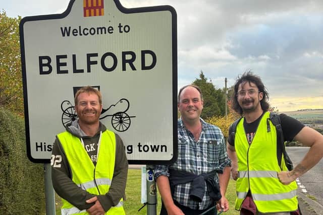 Farmer Ben Leyland, Internet star Scotty Farino and Cllr Guy Renner-Thompson at Belford at the end of day one of the walk.