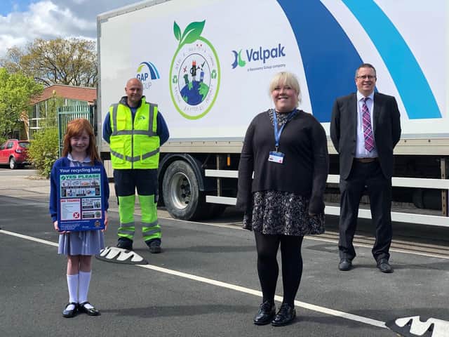 From left to right: Anna McAlindon; John Robinson, Operations Manager at GAP; Amy Brown, class teacher; and Nigel Tomlinson, Commercial Manager at Valpak.