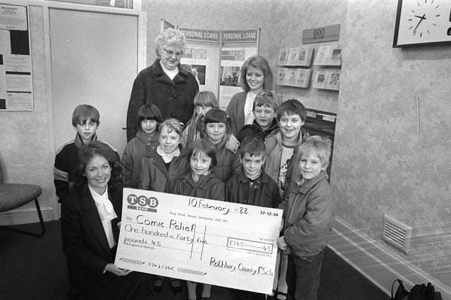 Rothbury First School pupils handed in a £1000 cheque to the TSB, money they raised at Comic Relief in 1988.