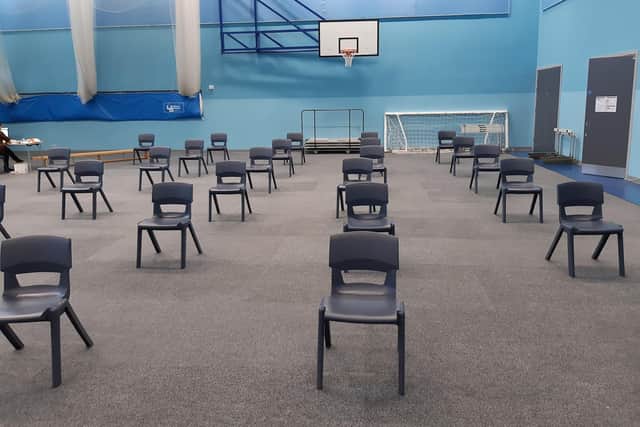 The sports hall has been transformed into a Covid-19 test centre.