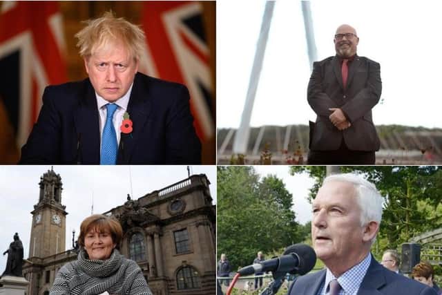 Clockwise from top left, Prime Minister Boris Johnson, Cllr Graeme Miller, leader of Sunderland City Council , Cllr Tracey Dixon, leader of South Tyneside Council and Cllr Glen Sanderson, leader of Northumberland County Council. Photo made with Getty Images.