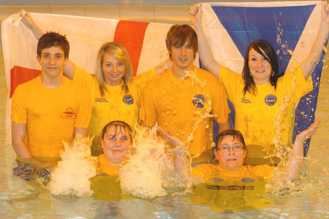 Swimmers (back row) Matthew Milton, Amy Wilkinson, Andrew Kane, Nikki Gary and (front row) management staff Linda Taylor and Michelle Weedy from Blyth Sports Centre who are representing England and Scotland in the life-saving Commonwealth Games in Canada.