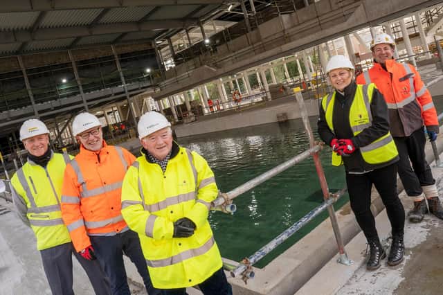 Pictured at the Morpeth Leisure Centre site are, from left, Ian Wardlaw, Advance Northumberland, Jim Marshall, Advance Northumberland, Coun Jeff Watson, Leanne Beattie, Active Northumberland, and Simon Bywater, Willmott Dixon.