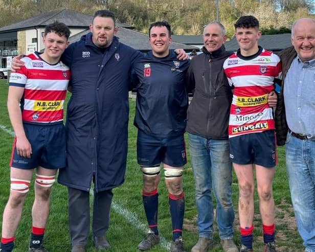 Fathers and sons: from left: Dan Stafford, Morpeth’s director of rugby John Stafford, captain Elliott Clark, head groundskeeper John Dungait, Tom Dungait and club sponsor and stalwart Duncan Clark. Picture: Morpeth RFC