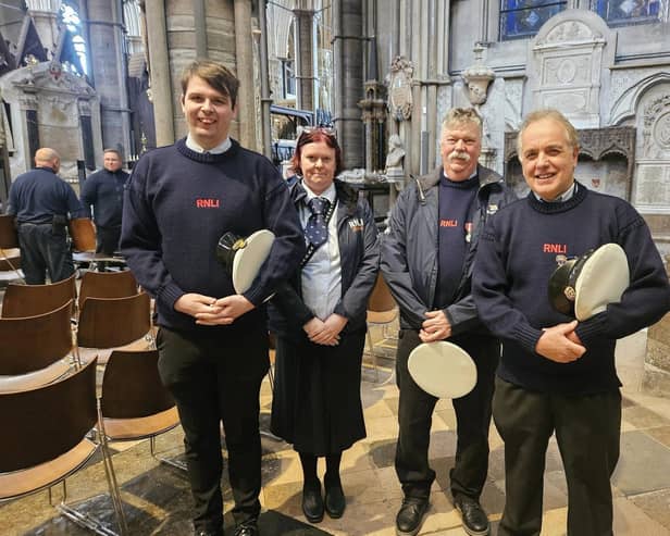 From left, Lewis Mortimer, Amy Fayers, Les Fayers and Richard Martin at the Westminster Abbey service. (Photo by RNLI/Richard Martin)