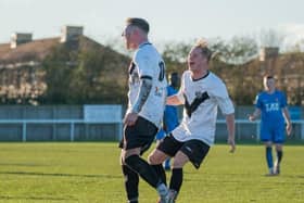 Dean Briggs celebrates his goal in his last game for Ashington. Picture by Ian Brodie.