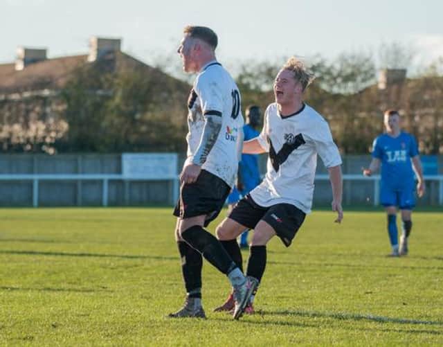 Dean Briggs celebrates his goal in his last game for Ashington. Picture by Ian Brodie.