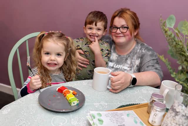 Lauren Mole enjoying the new cafe with her son Ernie, 4, and Evelyn, 3. In September Ernie ran the Mini Great North Run to raise money for Calmer Café. (Photo by Helen Smith)