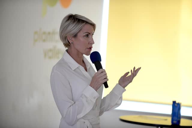 Heather Mills gives a speech at the new Plant-Based Valley vegan food production factory event at Seaton Delaval in 2019
