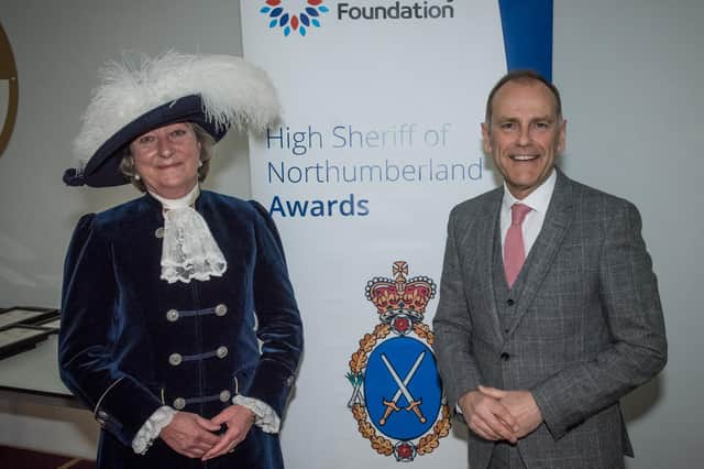 High Sheriff of Northumberland 2021/22 Joanna Riddell pictured with guest speaker Jeff Brown at the awards night. Picture by Gilbert Johnston Photography.