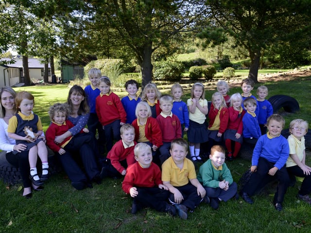 Class teacher Louise Whaley and new headteacher Nicki Mathewson with Rothbury First School's new pupils.