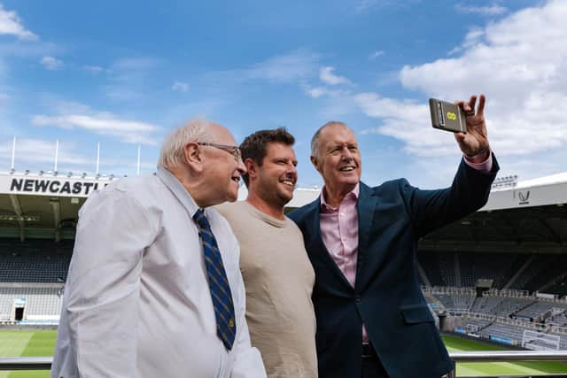 Bill Oliphant, BT call centre worker Ricky and Sir Geoff Hurst take a selfie.