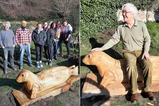 The sculpture was crafted by David Gross and a team of volunteers and learners at Tyne Housing. Right, Peter Watts pictured sitting on the sculpture, as it can be used as a seat.