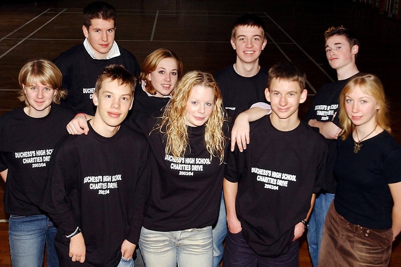 Pupils from Duchess's High School, Alnwick, who organised events and activities throughout the year to raise money for charity, pictured in November 2003.