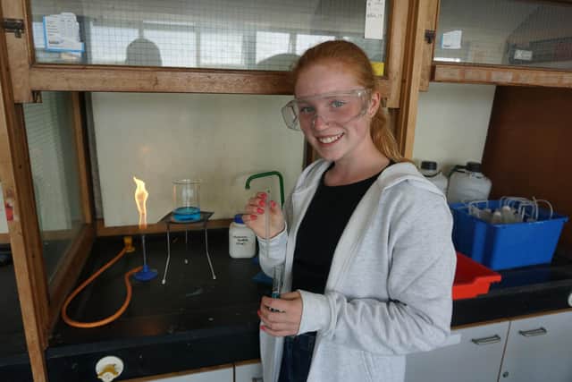 Cramlington Learning Village student Iona Roberts was back in the lab on her first day in sixth form. (Photo by Cramlington Learning Village)