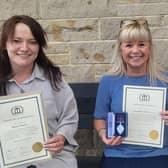Activities co-ordinator Stacey Hunter, home manager Sam Buxton, and training manager Julie Smith with their certificates and medal at Scarbrough Court Care Home.